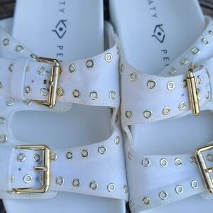 Katy Perry White and Gold Buckle Sandals